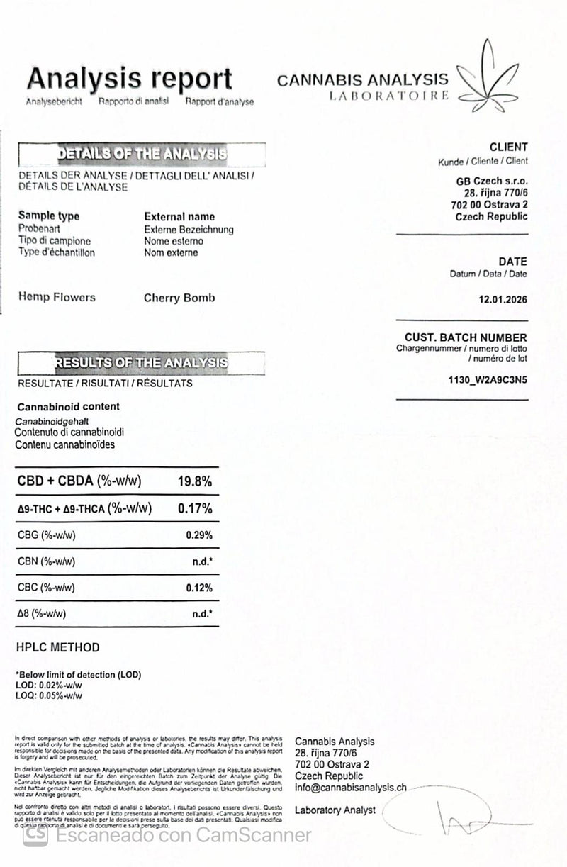 Analysis report de cheery bomb 19,8% de CBD solo en CogolloCBD.es